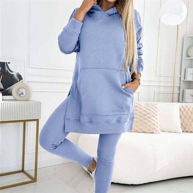 Solid Color Hoodie And Ribbed Leggings Two-Piece Set