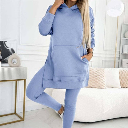 Solid Color Hoodie And Ribbed Leggings Two-Piece Set