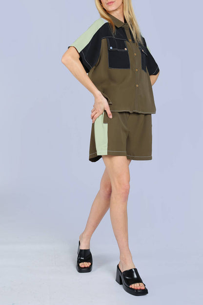 Contrast Stitch Color Blocked Shirt & Shorts Sets
KJ6007
