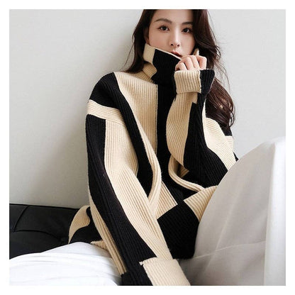 Loose Fit Color Block Striped Mid-Length Sweater
