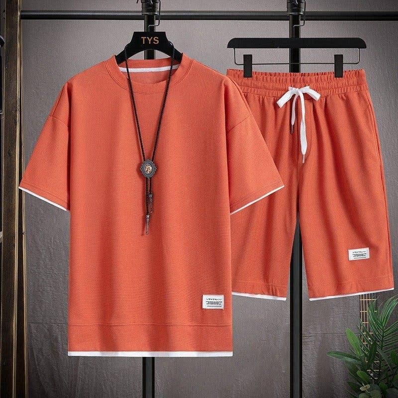 Men's Waffle Knit Short Sleeve Shorts Set Casual Sportswear