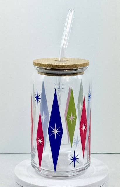MCM Multi-Colored Starburst Glass with Bamboo Lid and Straw