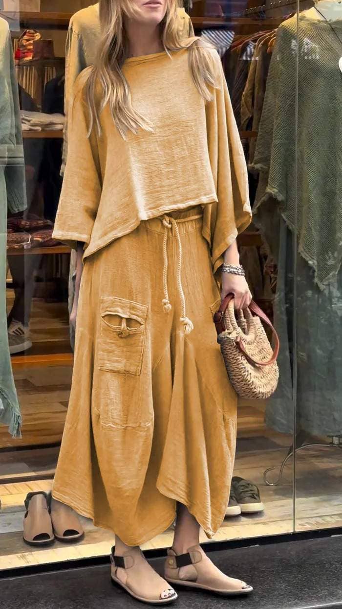 Boho Loose Two-Piece Set with Drawstring Skirt – Aesthetic