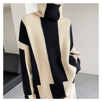 Loose Fit Color Block Striped Mid-Length Sweater