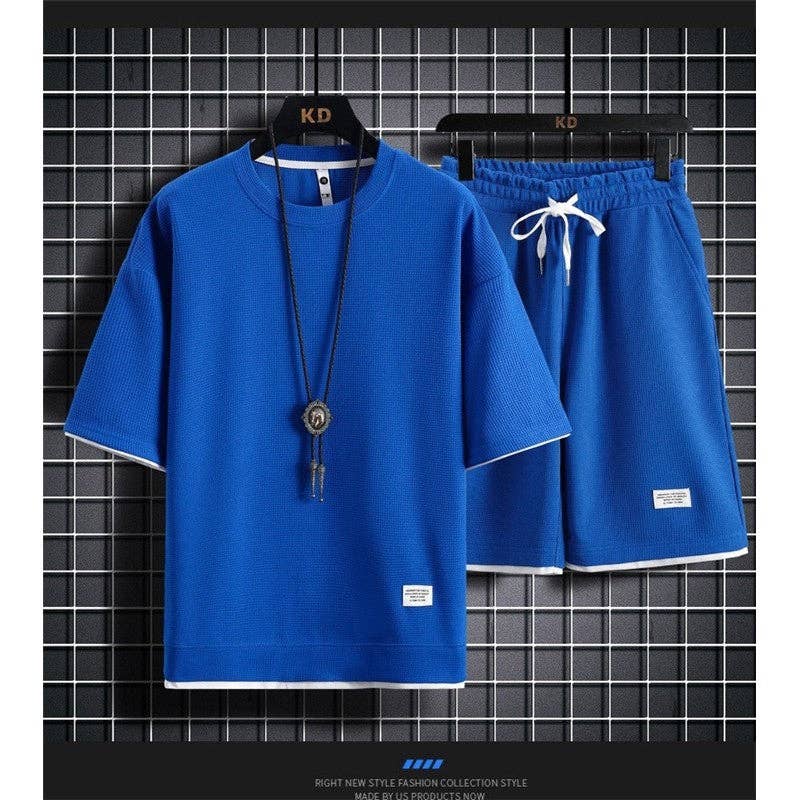 Men's Waffle Knit Short Sleeve Shorts Set Casual Sportswear