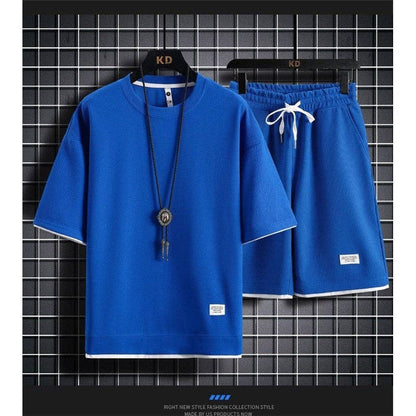 Men's Waffle Knit Short Sleeve Shorts Set Casual Sportswear