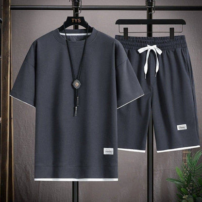 Men's Waffle Knit Short Sleeve Shorts Set Casual Sportswear