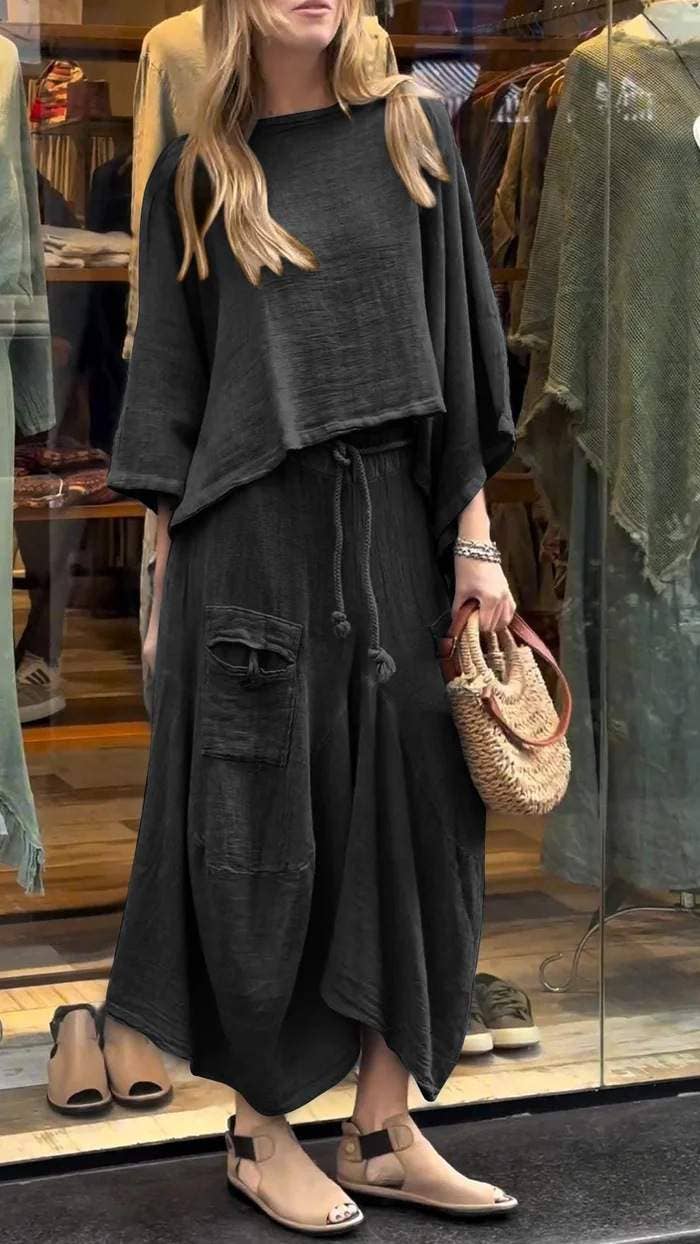 Boho Loose Two-Piece Set with Drawstring Skirt – Aesthetic