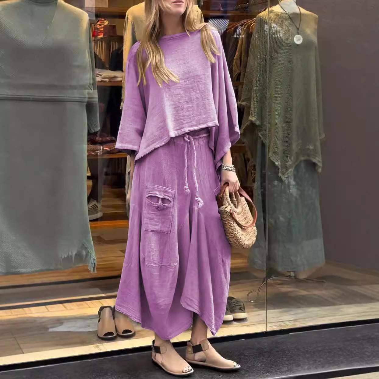 Boho Loose Two-Piece Set with Drawstring Skirt – Aesthetic