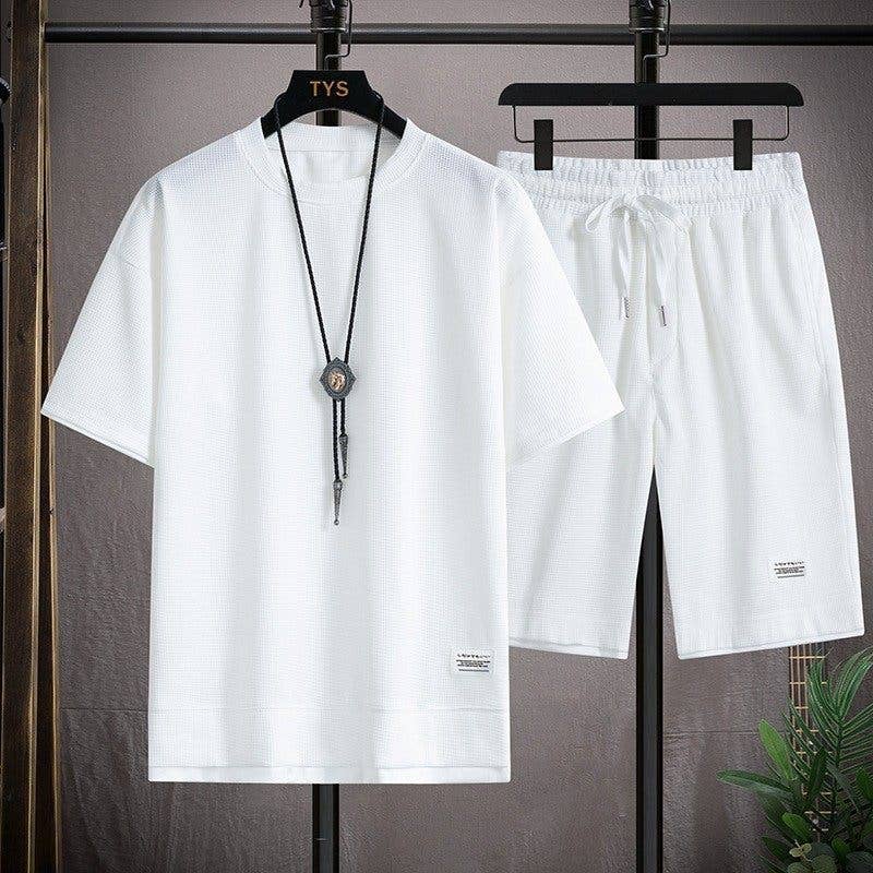 Men's Waffle Knit Short Sleeve Shorts Set Casual Sportswear