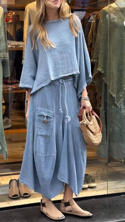 Boho Loose Two-Piece Set with Drawstring Skirt – Aesthetic