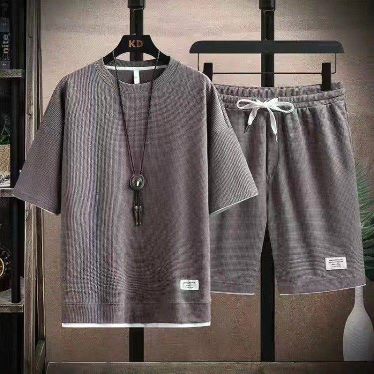 Men's Waffle Knit Short Sleeve Shorts Set Casual Sportswear