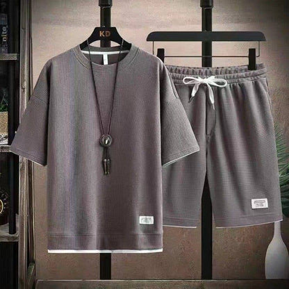 Men's Waffle Knit Short Sleeve Shorts Set Casual Sportswear
