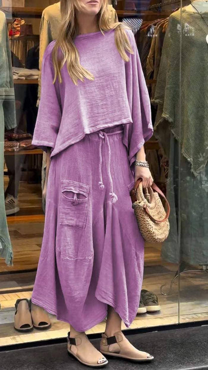 Boho Loose Two-Piece Set with Drawstring Skirt – Aesthetic