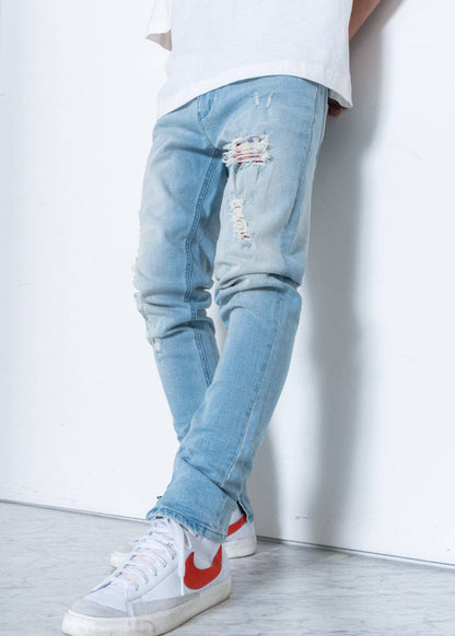 Men's Light Washed Denim With Repair Works
