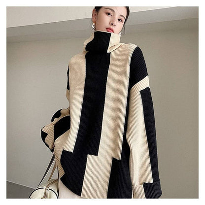 Loose Fit Color Block Striped Mid-Length Sweater