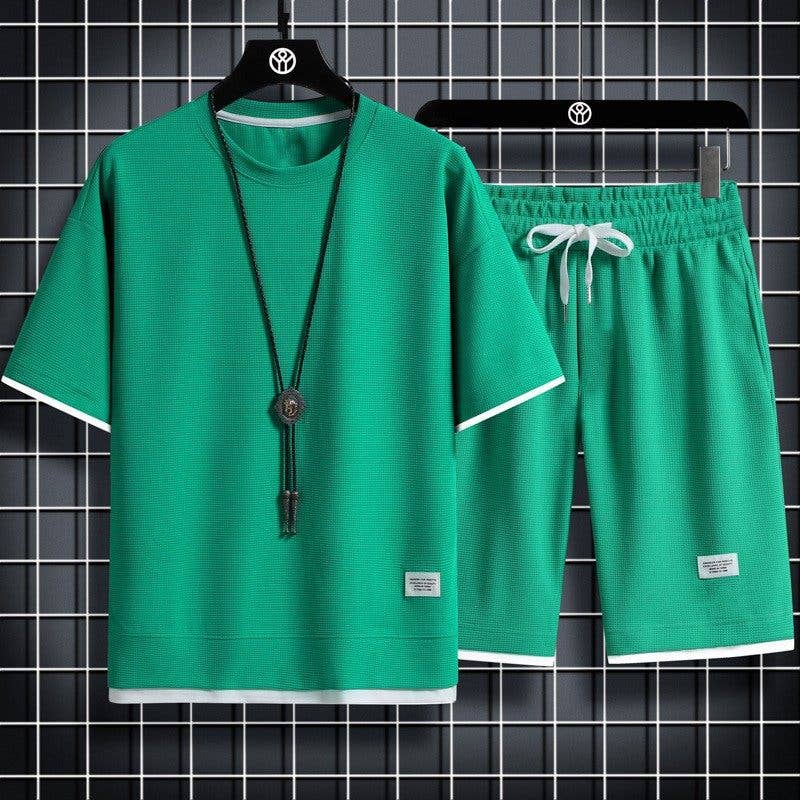 Men's Waffle Knit Short Sleeve Shorts Set Casual Sportswear