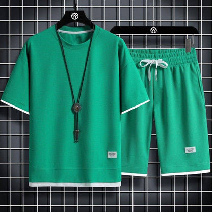Men's Waffle Knit Short Sleeve Shorts Set Casual Sportswear