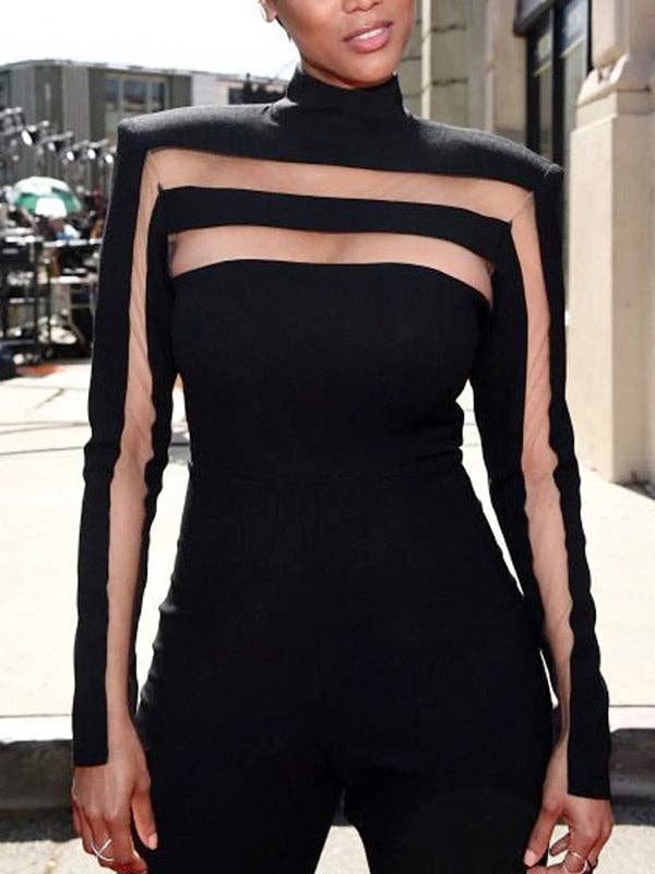Long Sleeves Skinny Mesh Solid Color High Neck T-Shirts Tops