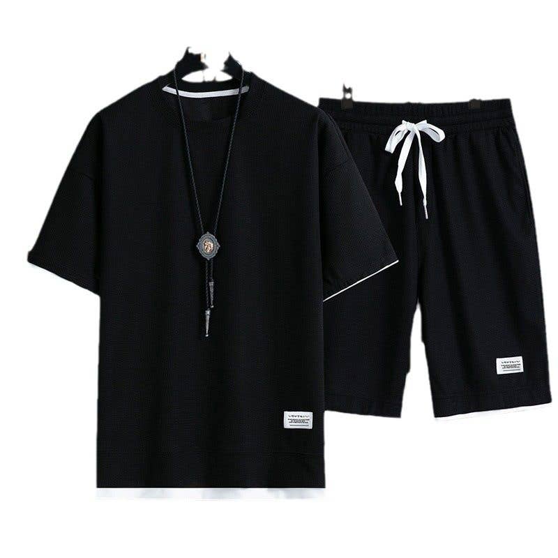 Men's Waffle Knit Short Sleeve Shorts Set Casual Sportswear