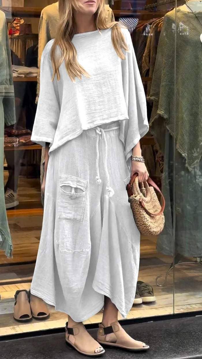 Boho Loose Two-Piece Set with Drawstring Skirt – Aesthetic
