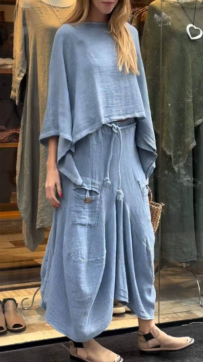 Boho Loose Two-Piece Set with Drawstring Skirt – Aesthetic