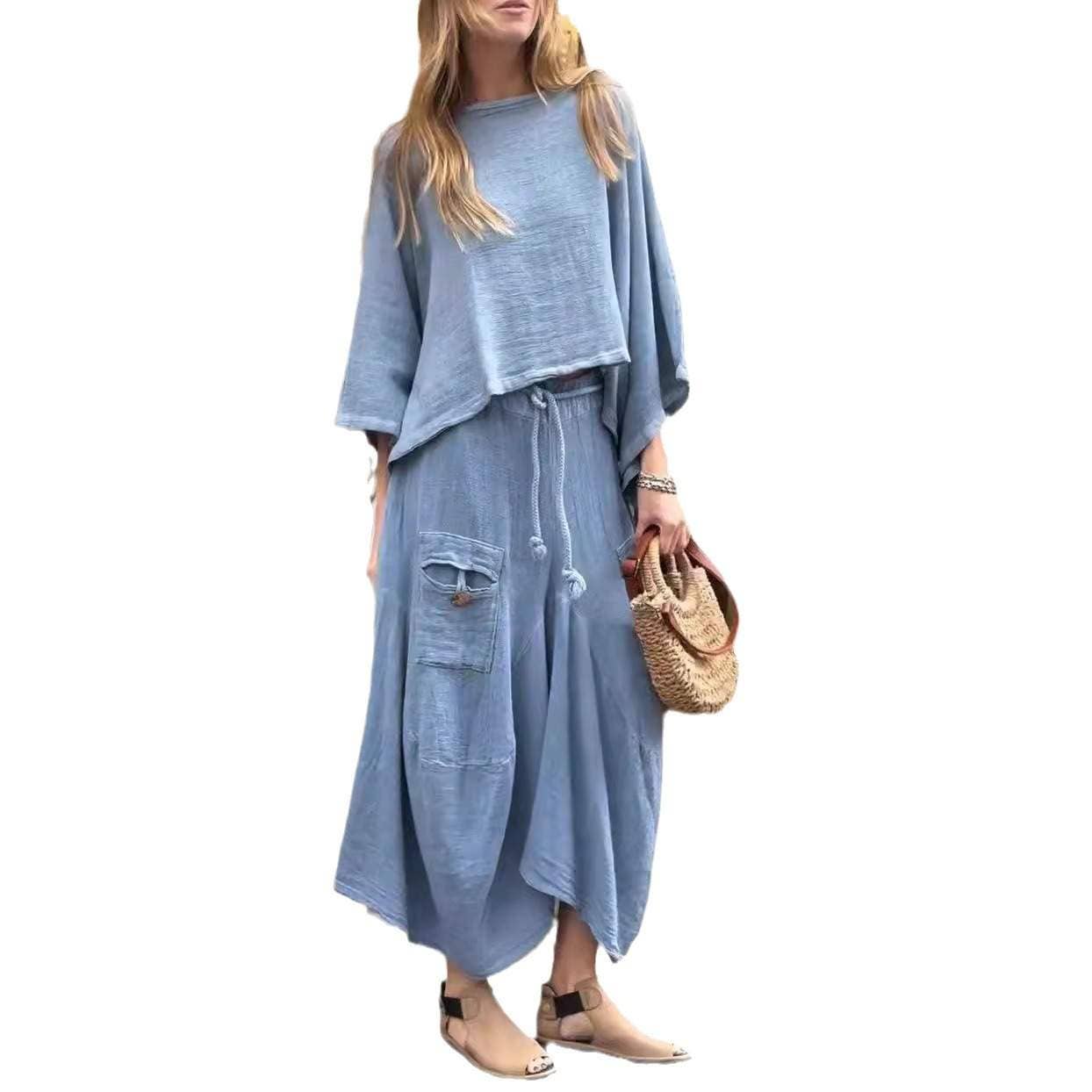 Boho Loose Two-Piece Set with Drawstring Skirt – Aesthetic