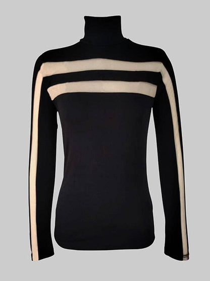 Long Sleeves Skinny Mesh Solid Color High Neck T-Shirts Tops