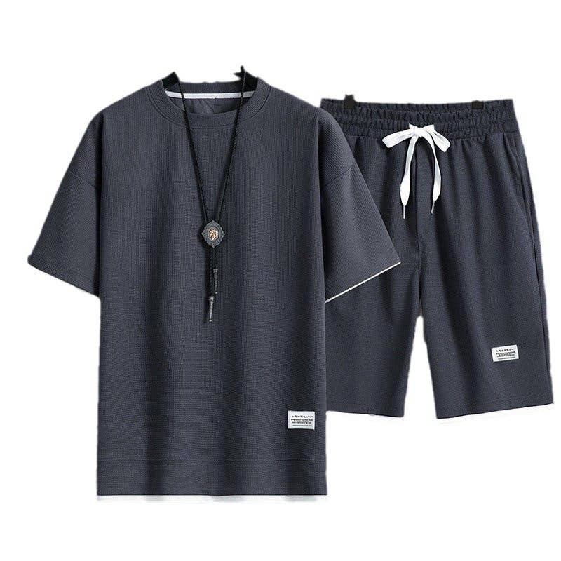 Men's Waffle Knit Short Sleeve Shorts Set Casual Sportswear
