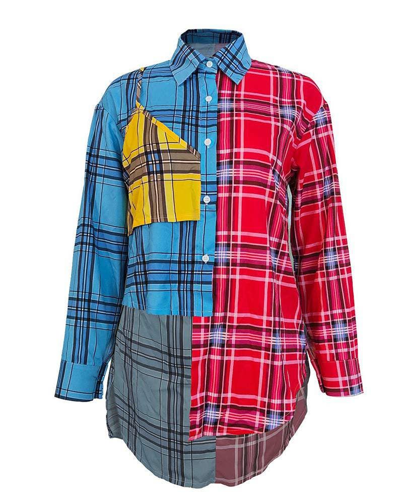 Asymmetrical plaid print long sleeve buttoned top