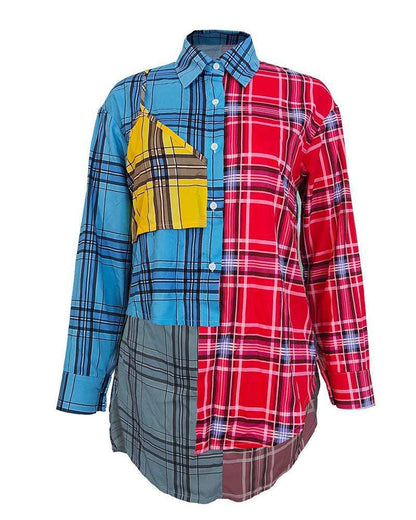 Asymmetrical plaid print long sleeve buttoned top
