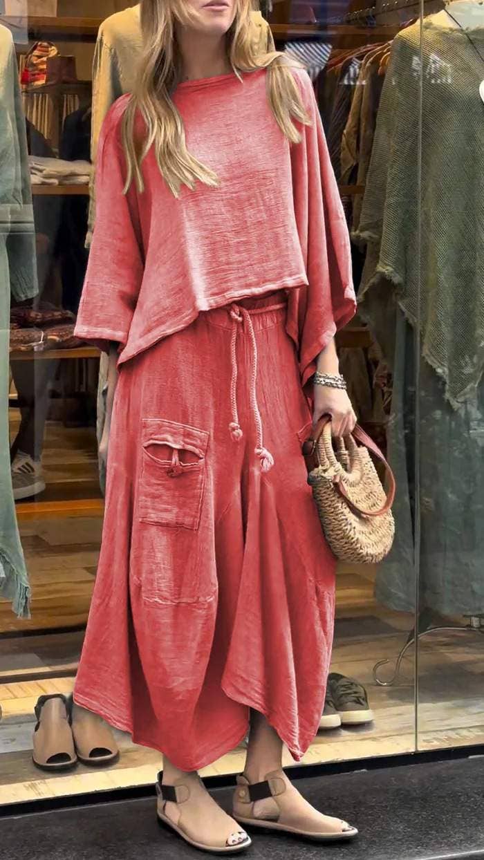 Boho Loose Two-Piece Set with Drawstring Skirt – Aesthetic