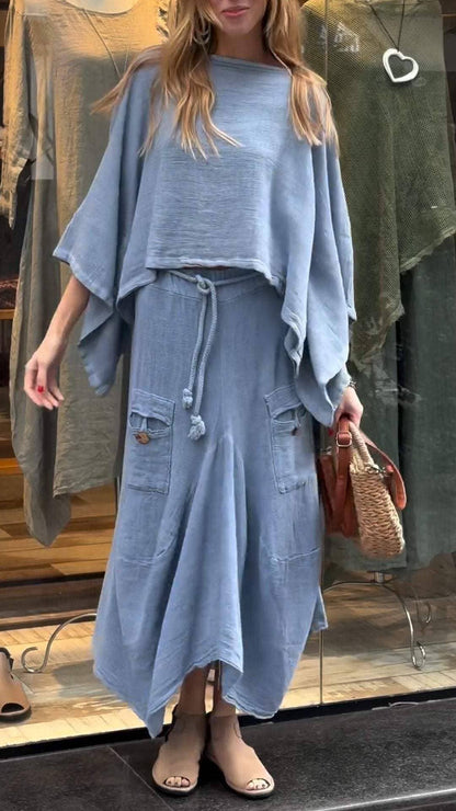 Boho Loose Two-Piece Set with Drawstring Skirt – Aesthetic