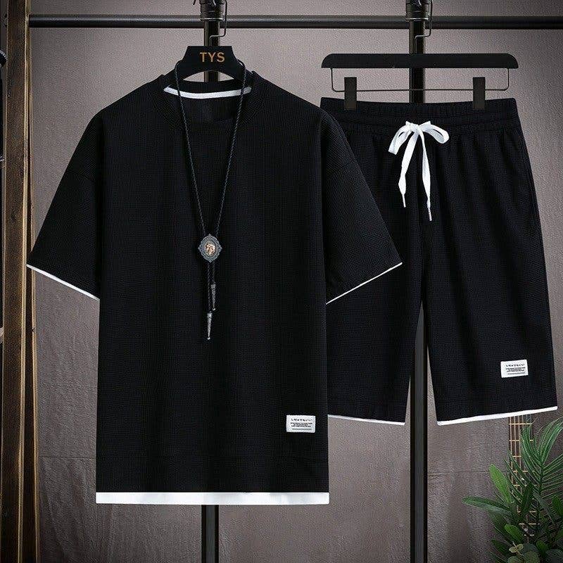 Men's Waffle Knit Short Sleeve Shorts Set Casual Sportswear