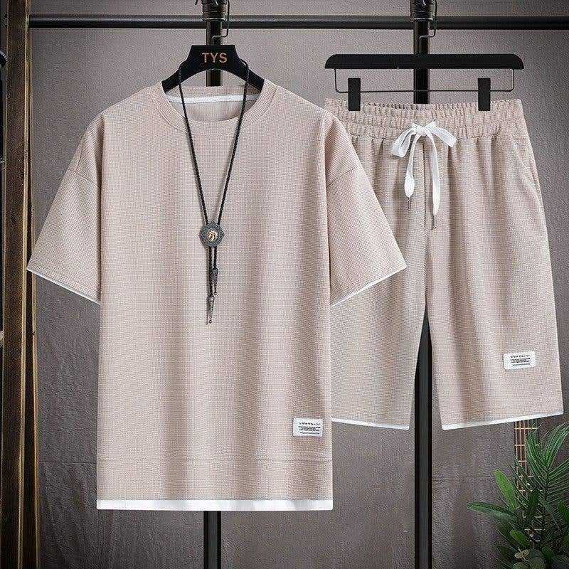 Men's Waffle Knit Short Sleeve Shorts Set Casual Sportswear