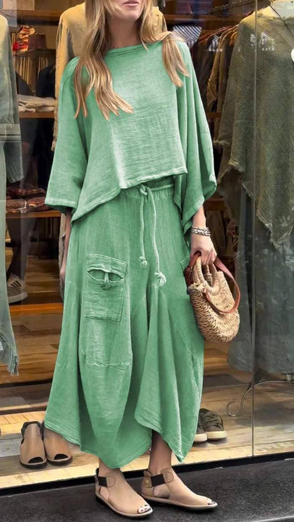 Boho Loose Two-Piece Set with Drawstring Skirt – Aesthetic