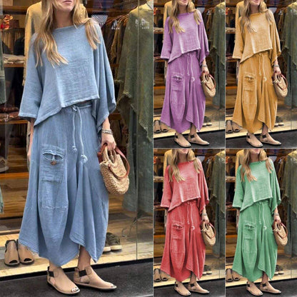 Boho Loose Two-Piece Set with Drawstring Skirt – Aesthetic