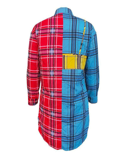 Asymmetrical plaid print long sleeve buttoned top