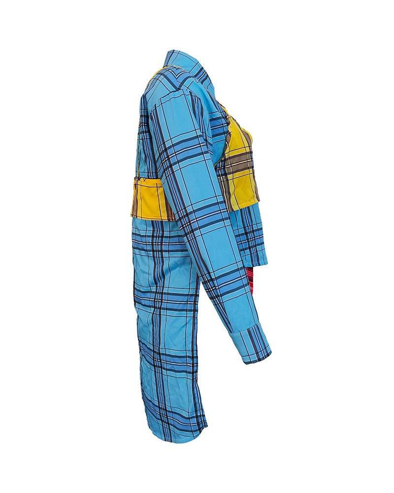 Asymmetrical plaid print long sleeve buttoned top