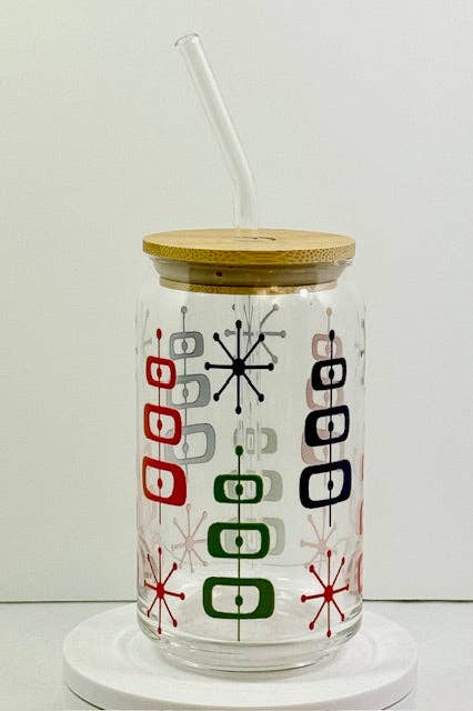 Mid-Century Modern Glass with Bamboo Lid and Straw